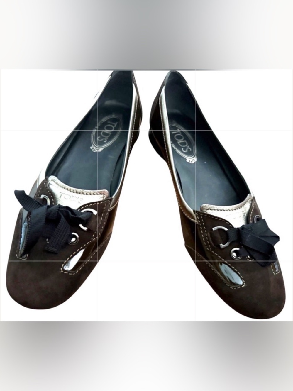Tod's Holiday Ballerina Brown Suede Patent Leather Bronze Trim Driving Shoes 10